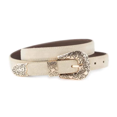 Beige Suede Southwestern Belt – Engraved Gold Buckle 1 WESTSUET 25 BEIGE GOLD3FLOR