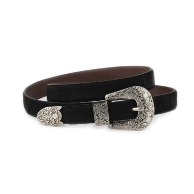 Black Leather Belt with Ornate Silver Western Buckle 1 WESTSUET 25 BL FLOR3SILV