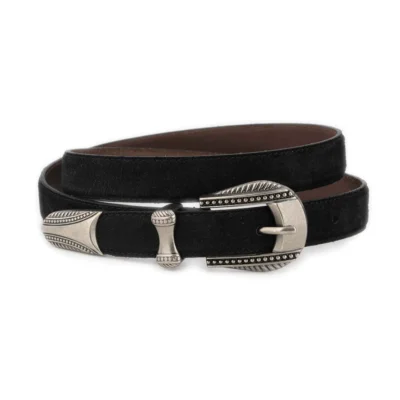 Black Suede Western Belt with Antique Silver Buckle 1 WESTSUET 25 BL DOT3SILV