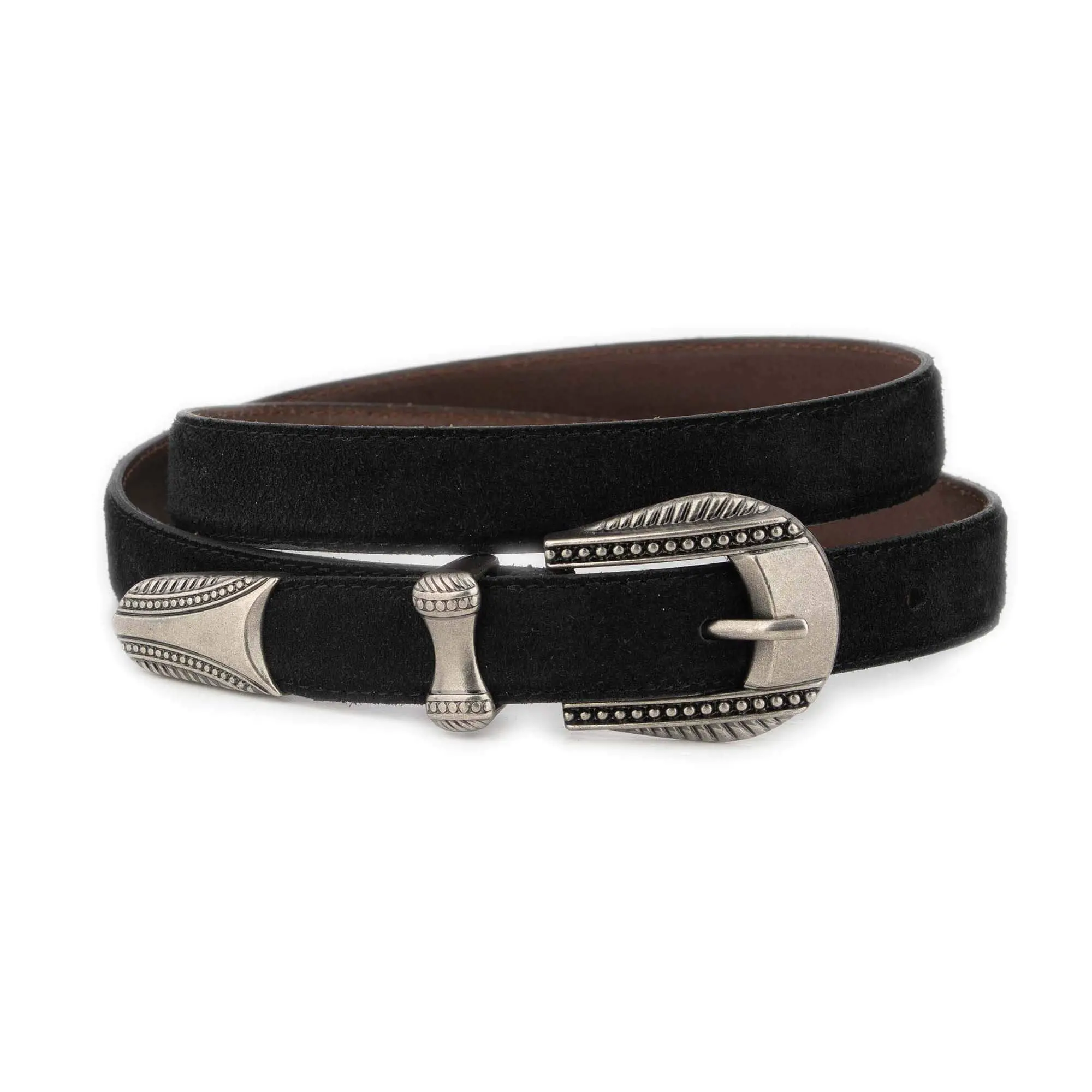 Black Suede Western Belt with Antique Silver Buckle 1 WESTSUET 25 BL DOT3SILV