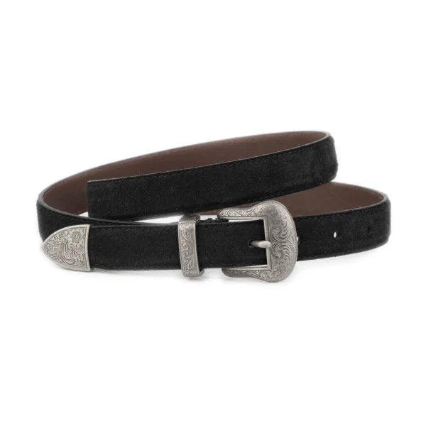 Black Suede Western Belt with Silver Engraved Buckle 1 WESTSUET 25 BL SILV3ENGR