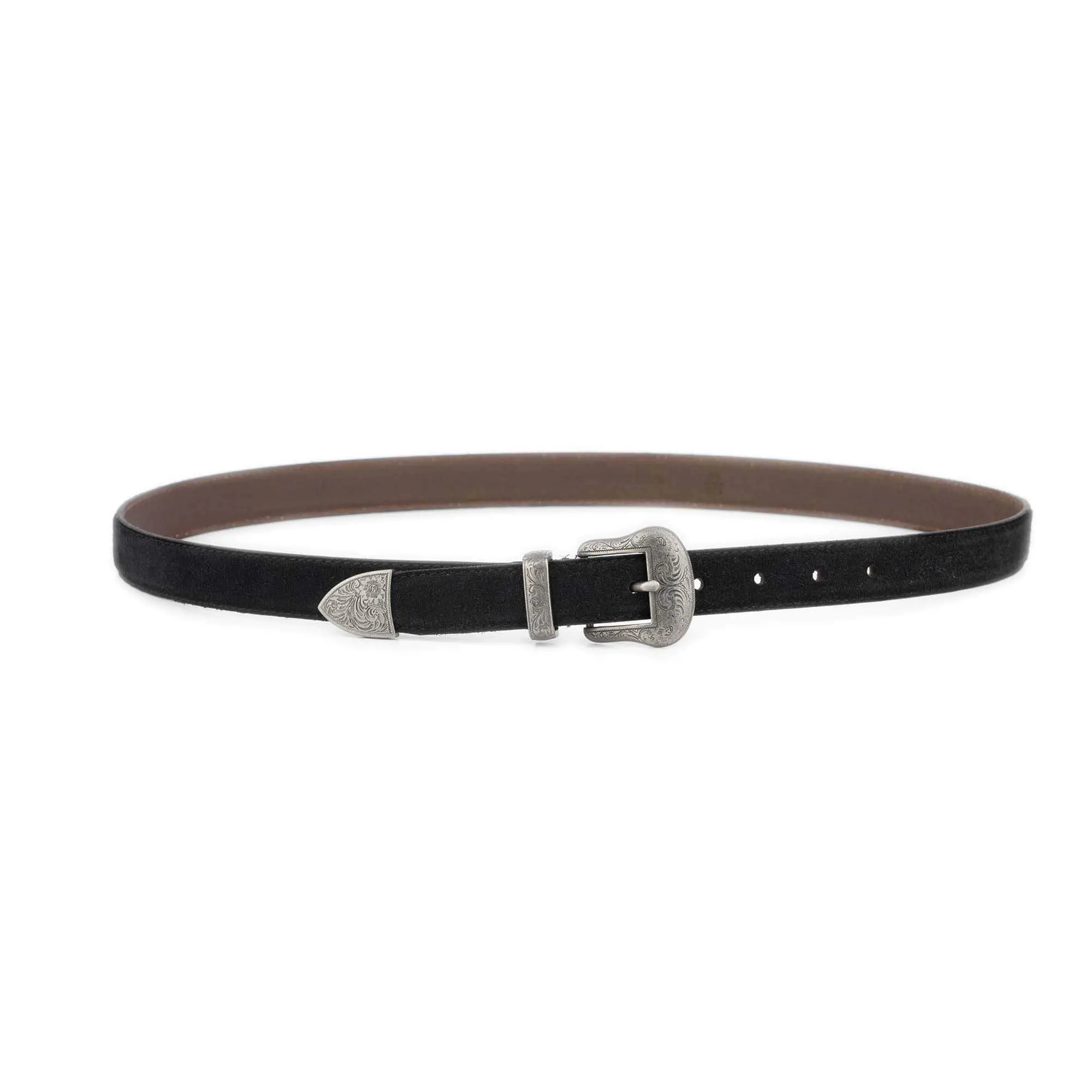 Black Suede Western Belt with Silver Engraved Buckle 2