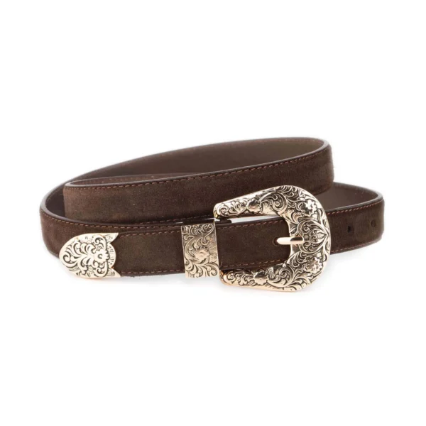 Dark Brown Suede Cowgirl Belt with Gold Engraved Buckle 1 WESTSUET 25 DBROW GOLD3FLOR