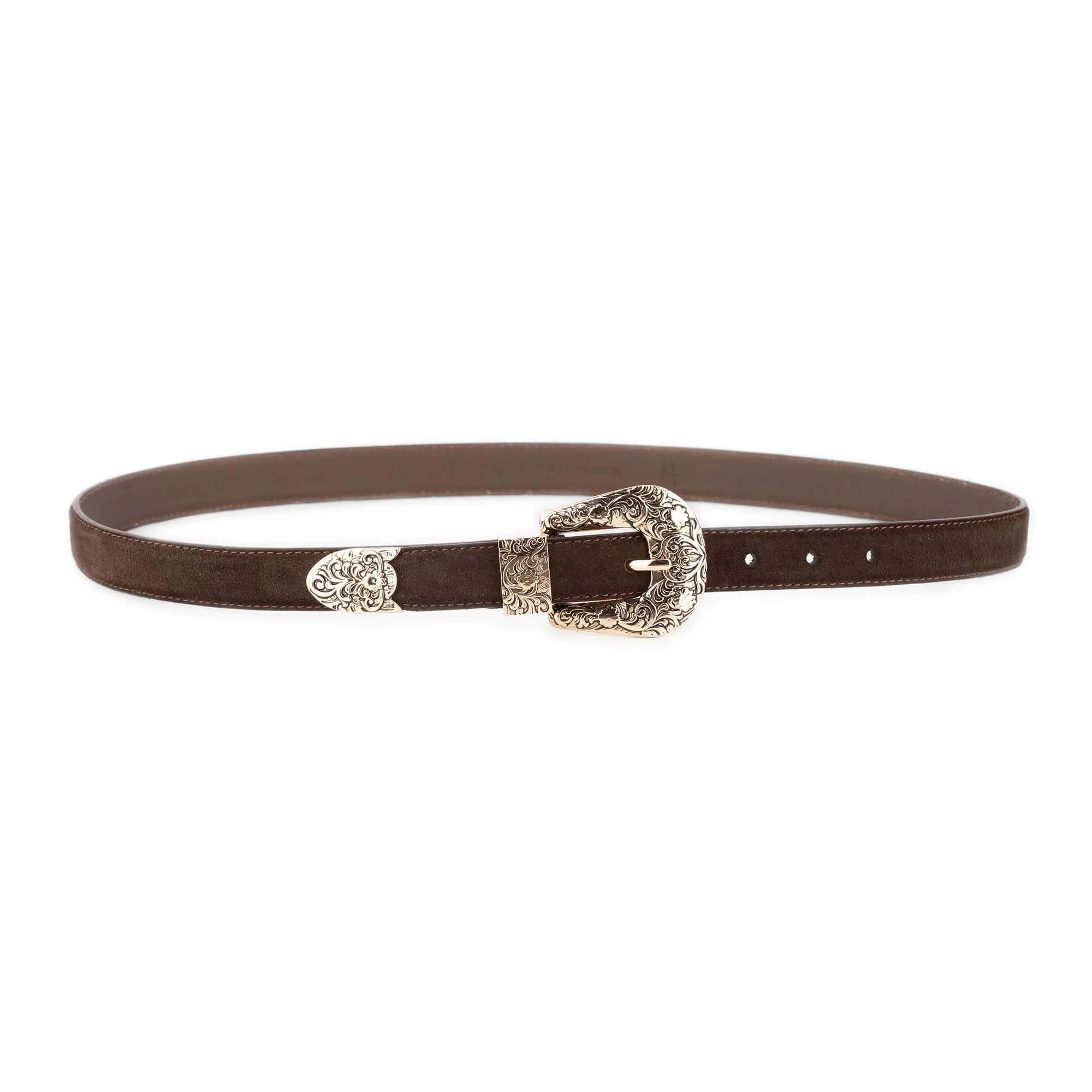 Dark Brown Suede Cowgirl Belt with Gold Engraved Buckle 2