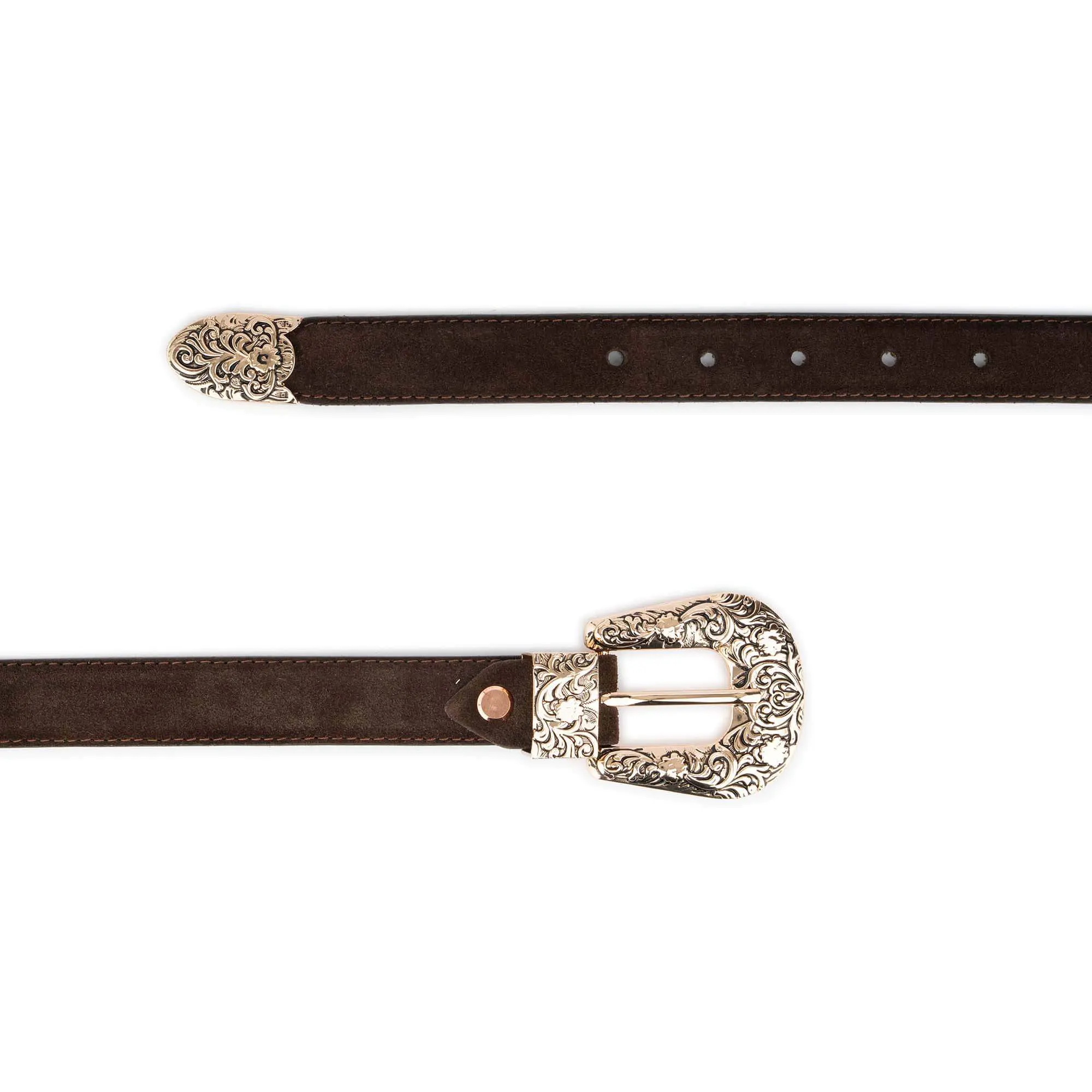 Dark Brown Suede Cowgirl Belt with Gold Engraved Buckle 3