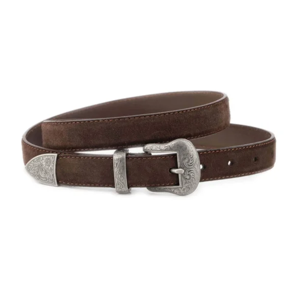 Dark Brown Suede Western Belt with Silver Engraved Buckle 1 WESTSUET 25 DBROW SILV3ENGR