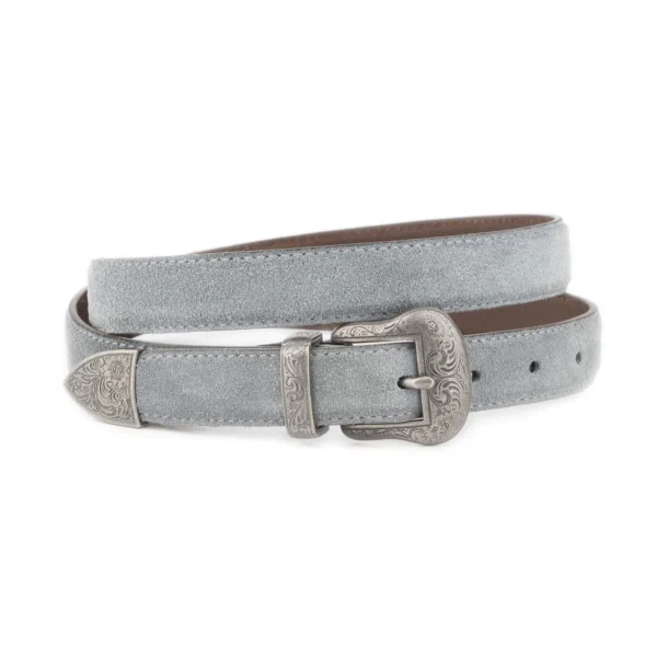Grey Suede Western Belt for Men with Engraved Silver Buckle 1 WESTSUET 25 GRAY SILV3ENGR