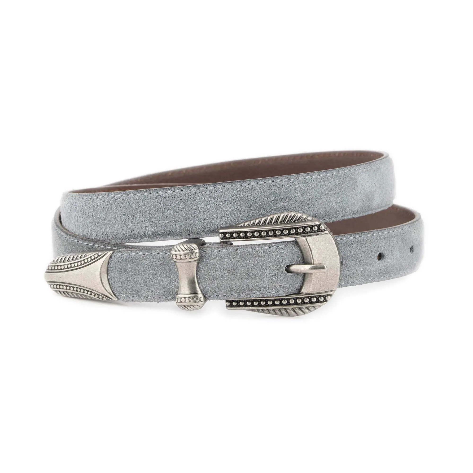 Ladies Grey Suede Belt with Antique Silver Western Buckle 1 WESTSUET 25 GRAY DOT3SILV