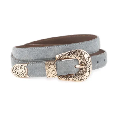 Ladies Grey Suede Belt with Rose Gold Western Buckle 1 WESTSUET 25 GRAY GOLD3FLOR
