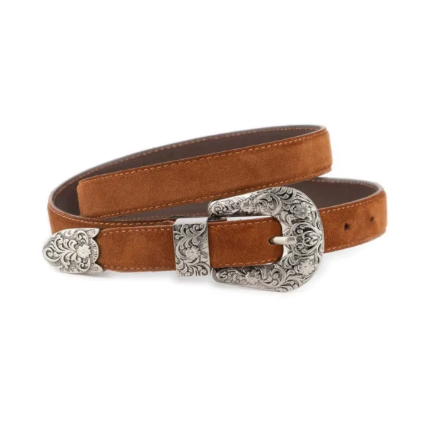 Ladies Tan Suede Belt with Floral Silver Western Buckle 1 WESTSUET 25 TOBAC FLOR3SILV