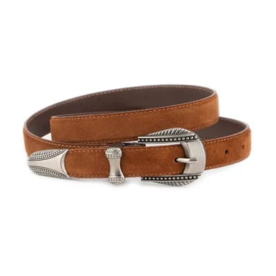 Ladies Tan Suede Western Belt with Antique Silver Buckle 1 WESTSUET 25 TOBAC DOT3SILV