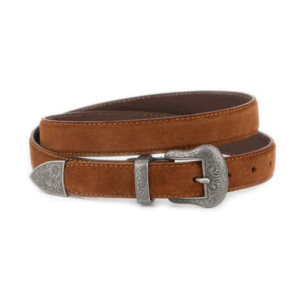 Tobacco Brown Suede Belt with Antique Silver Western Buckle 1 WESTSUET 25 TOBAC SILV3ENGR