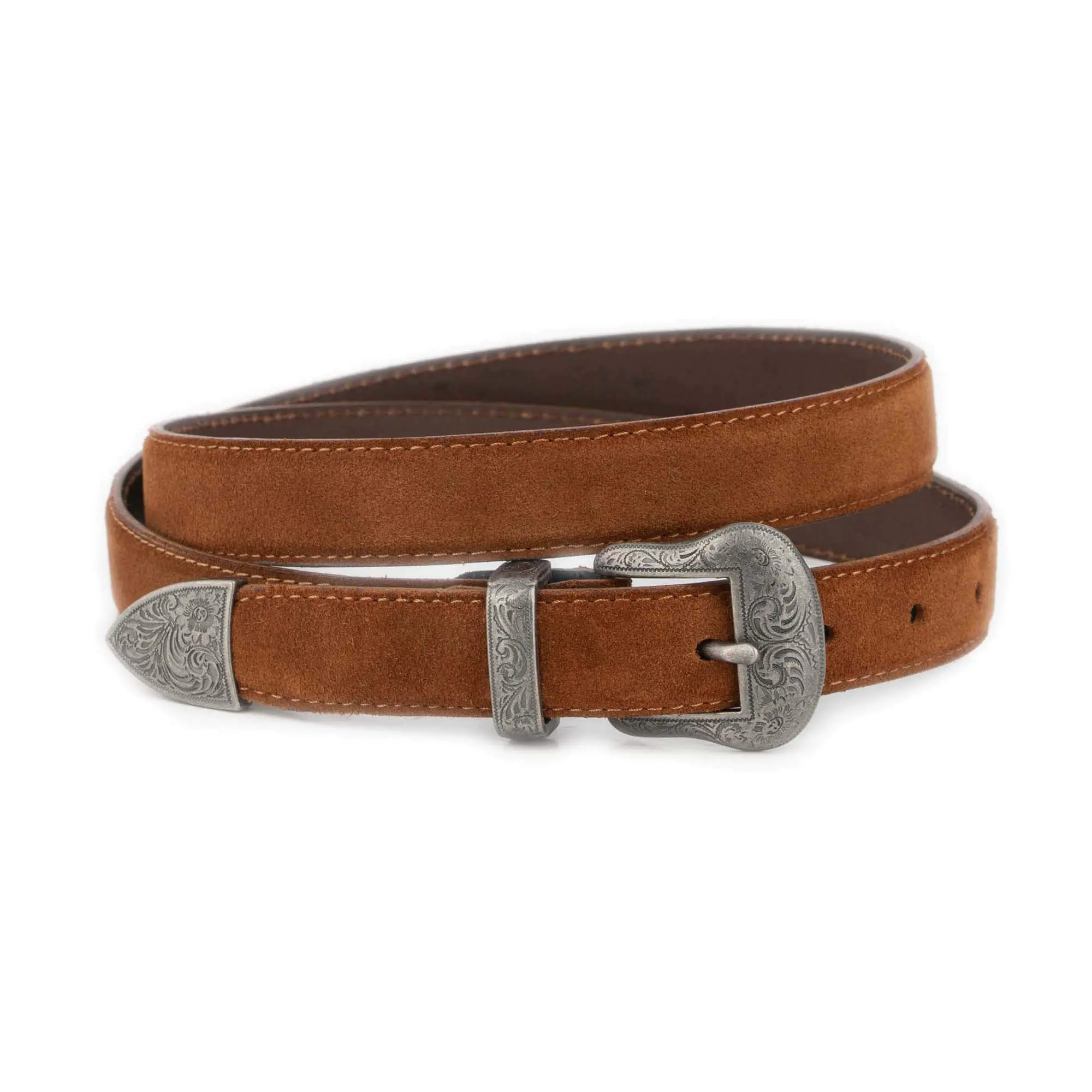 Tobacco Brown Suede Belt with Antique Silver Western Buckle 1 WESTSUET 25 TOBAC SILV3ENGR