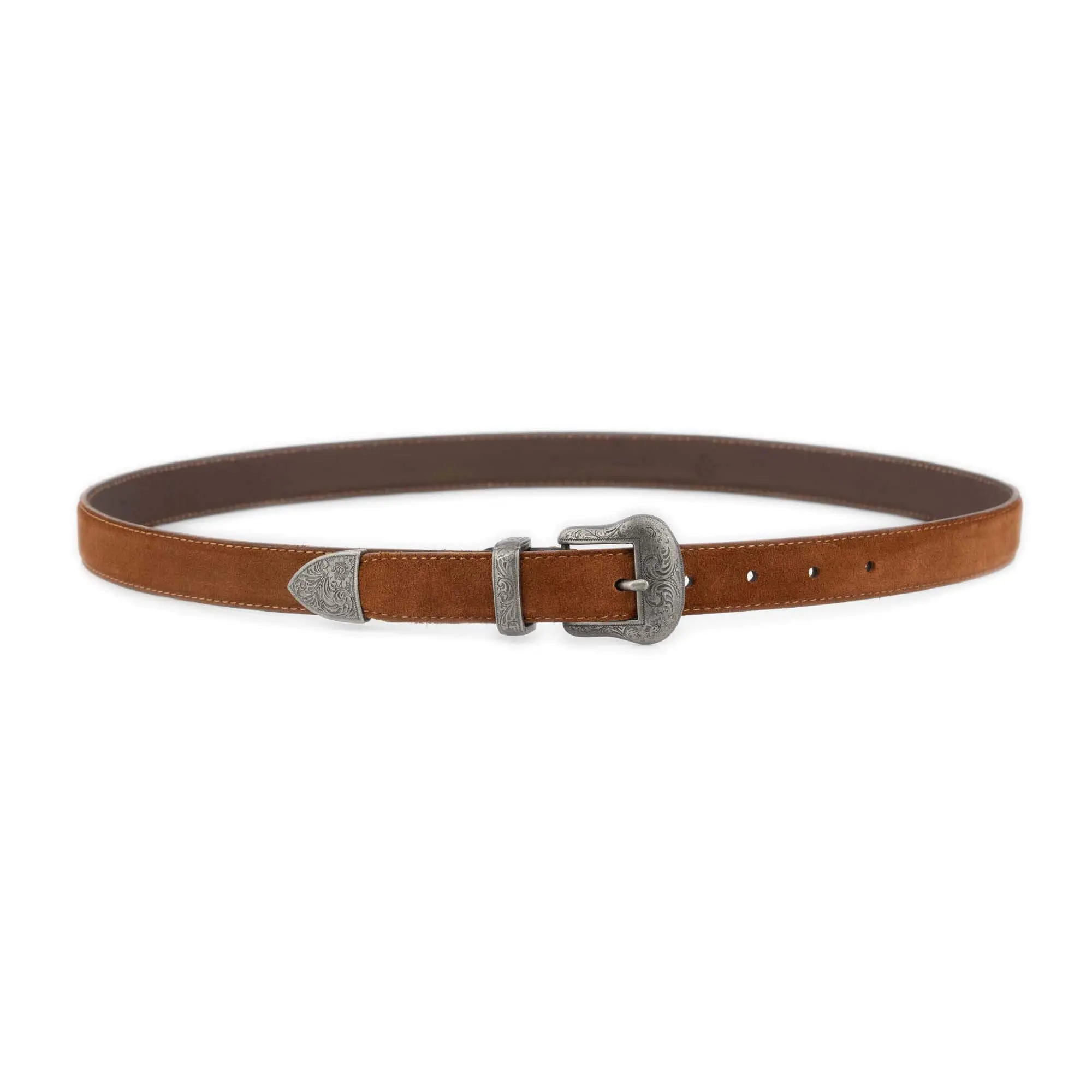 Tobacco Brown Suede Belt with Antique Silver Western Buckle 2