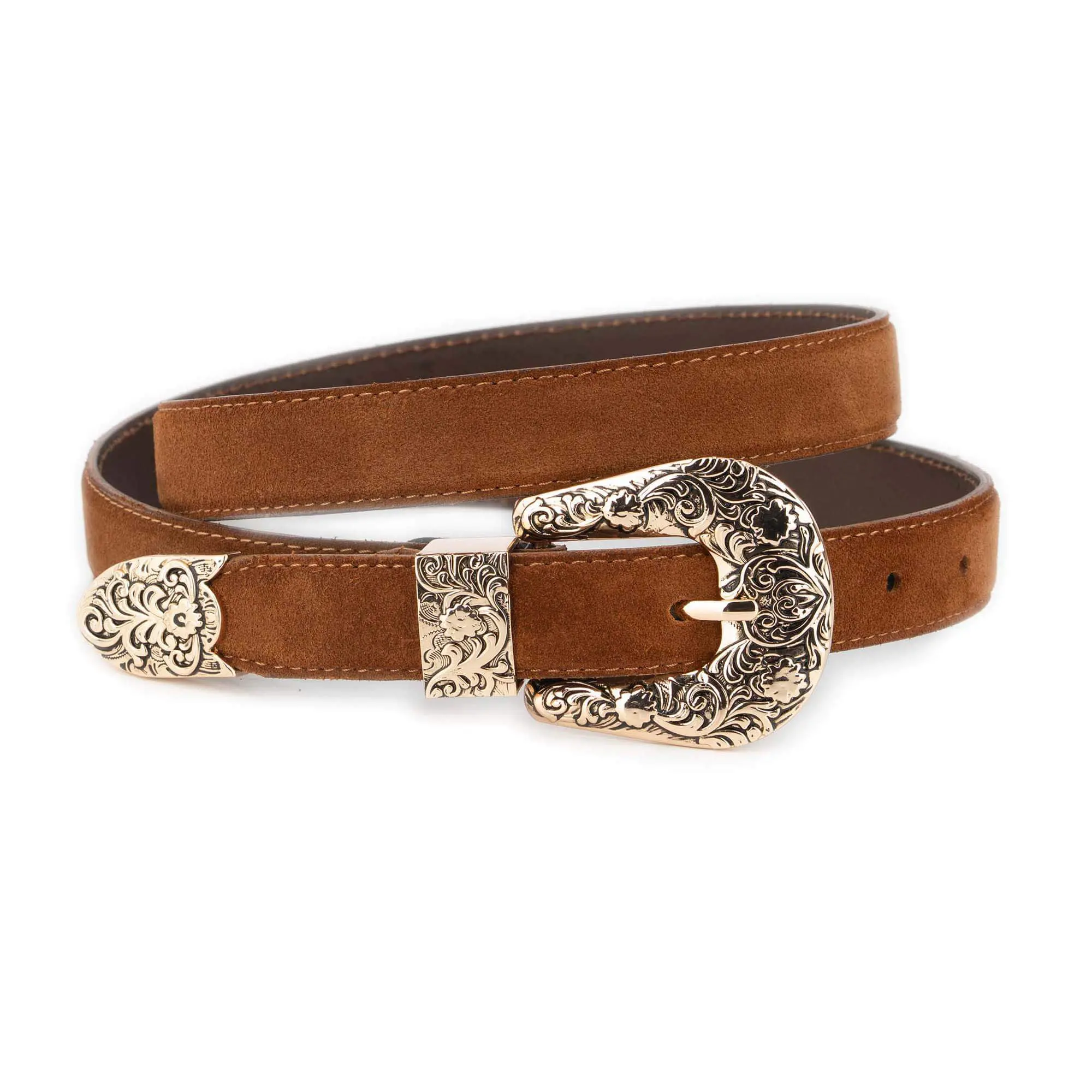 Tobacco Brown Suede Belt with Gold Engraved Western Buckle 1 WESTSUET 25 TOBAC GOLD3FLOR