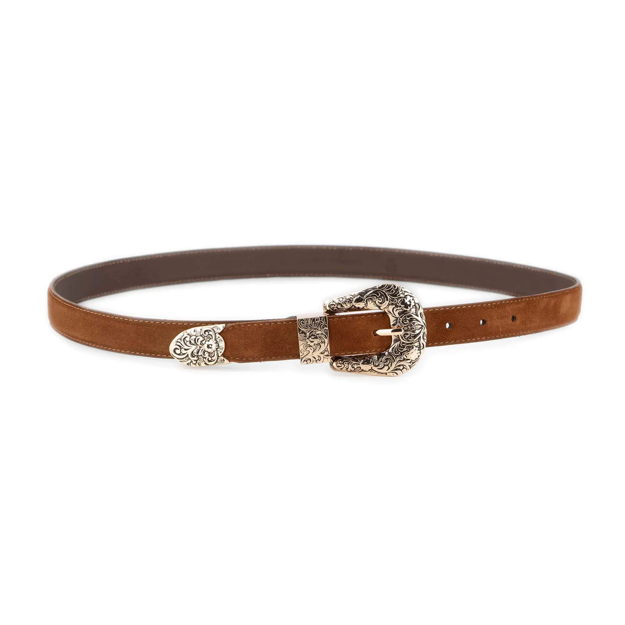Tobacco Brown Suede Belt with Gold Engraved Western Buckle 2