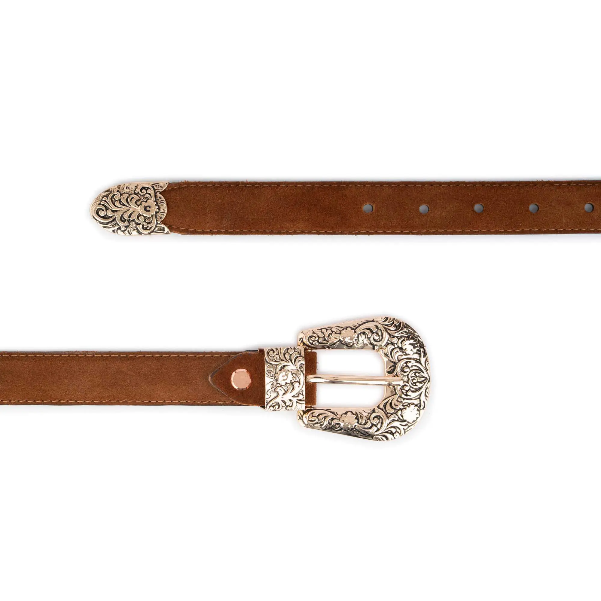 Tobacco Brown Suede Belt with Gold Engraved Western Buckle 3