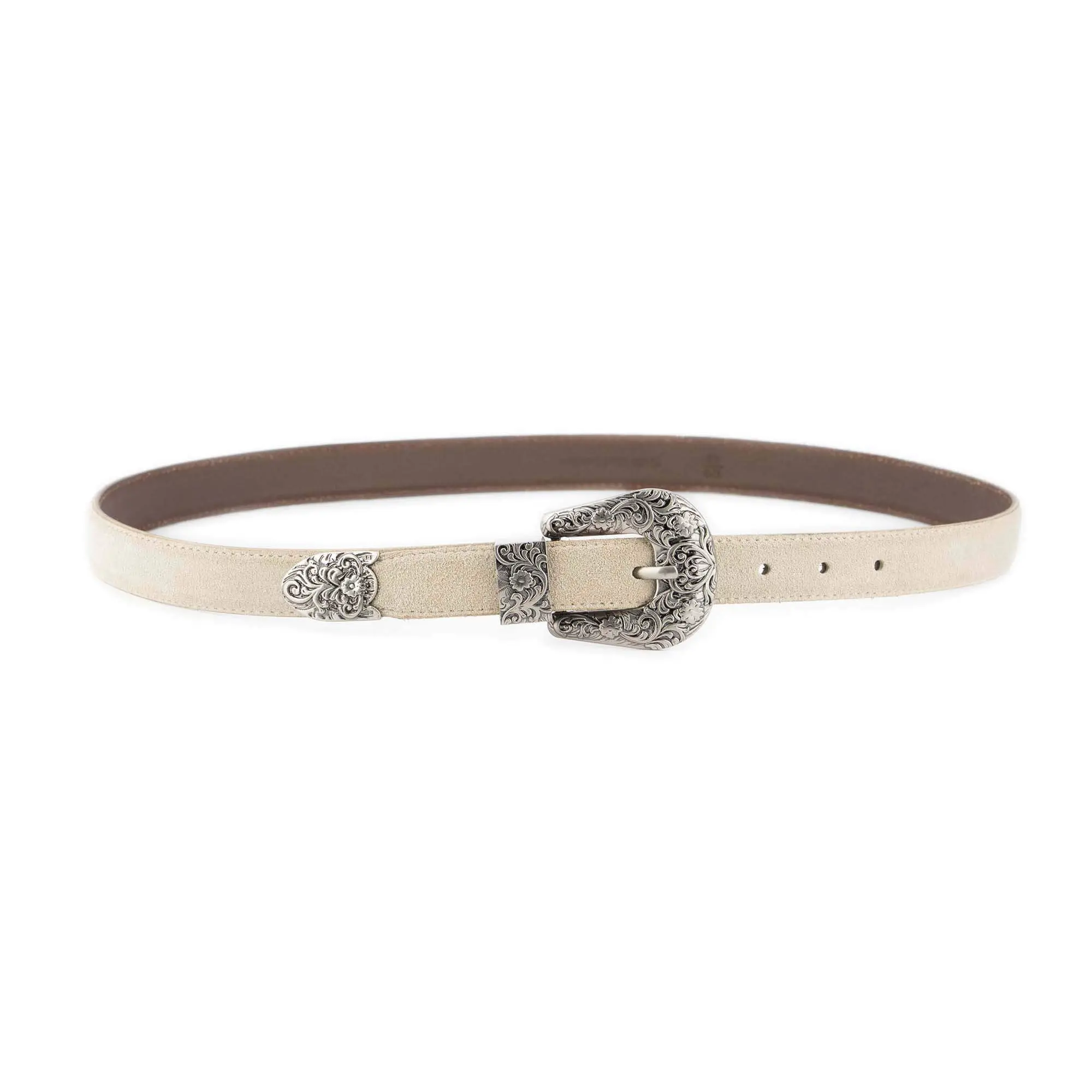 Closed Cream Leather Belt with Silver Hardware Womens 1 inch Beige Suede Western Belt – Antique Silver Buckle main image 3