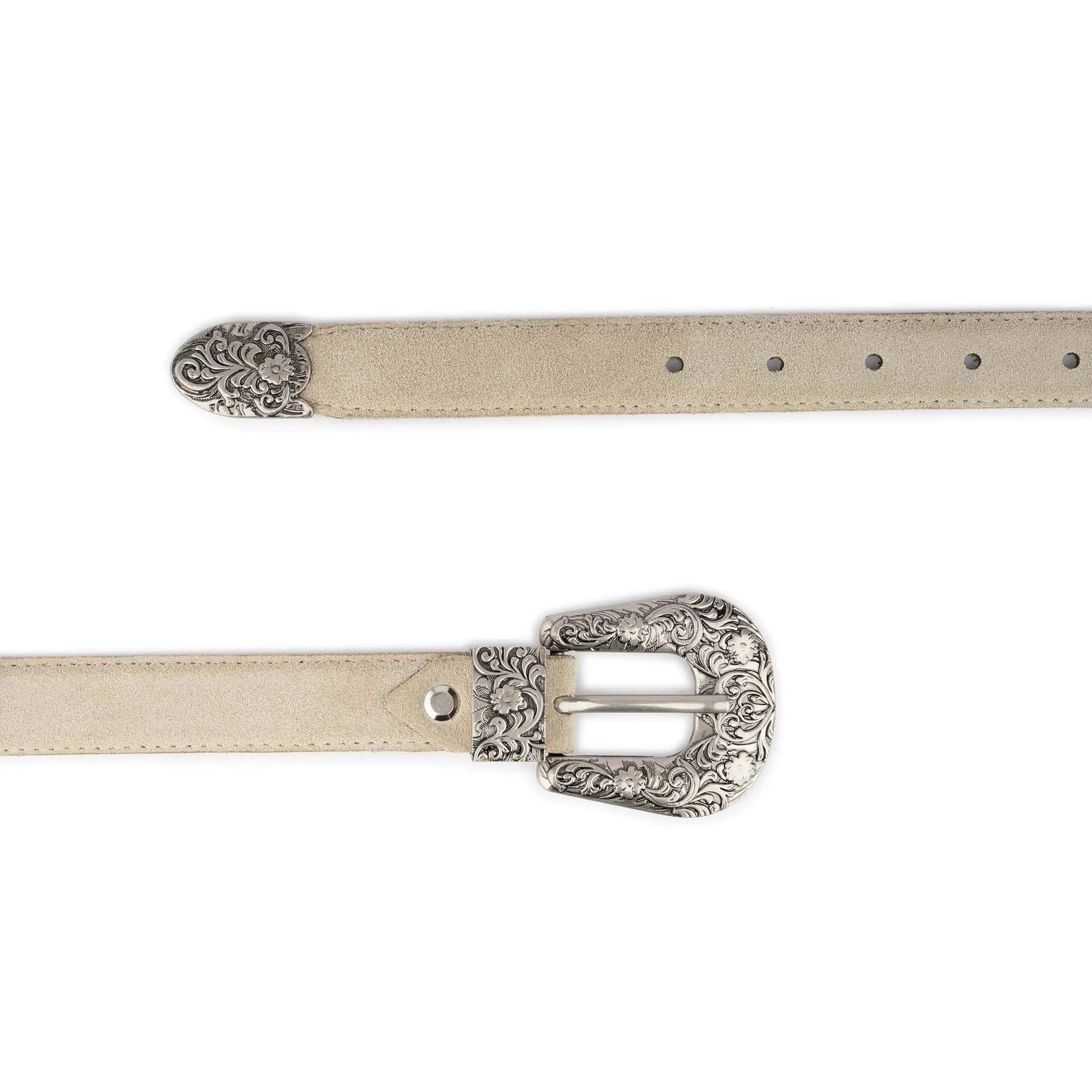 Womens 1 inch Beige Suede Western Belt – Antique Silver Buckle