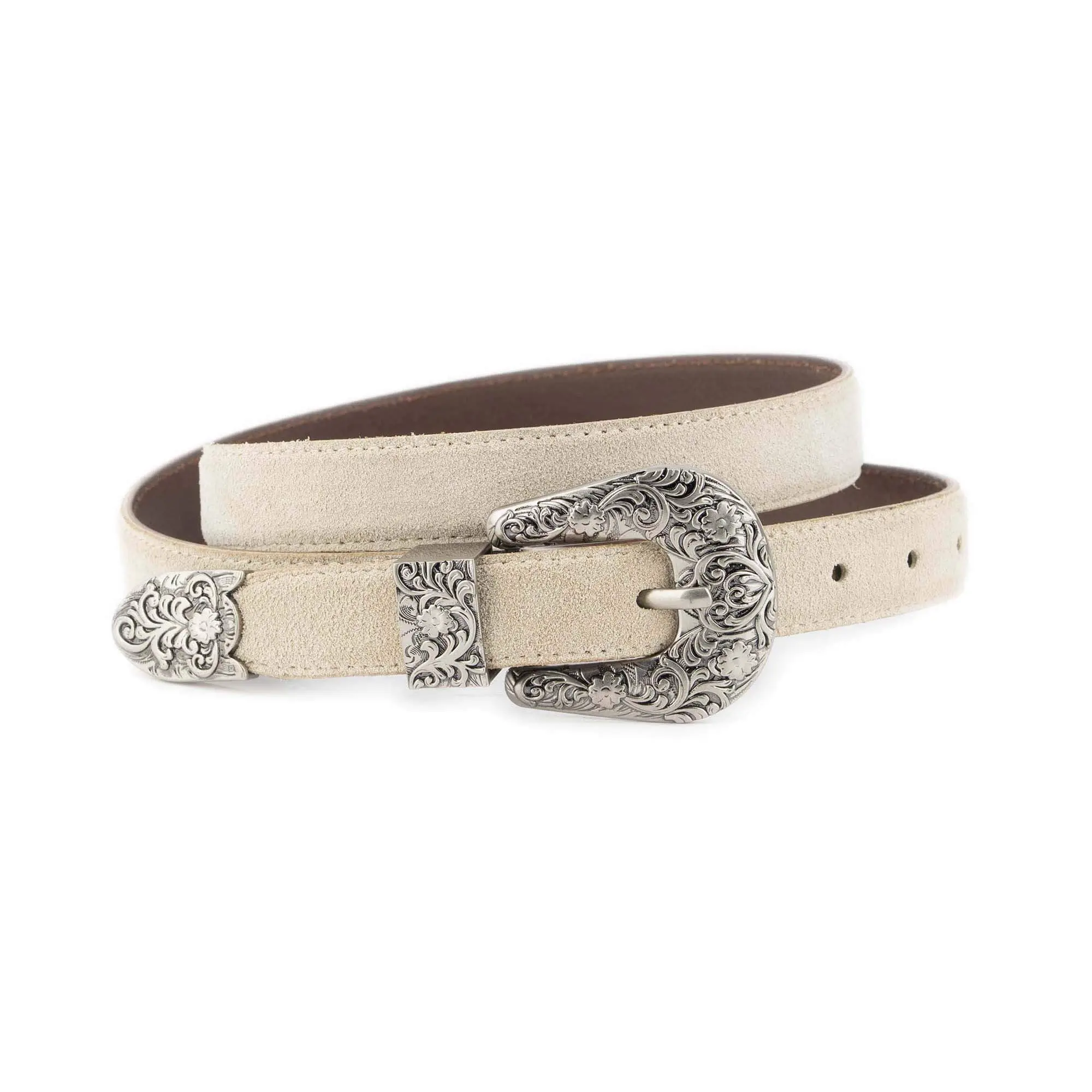 Womens 1 inch Beige Suede Western Belt – Antique Silver Buckle 1 WESTSUET 25 BEIGE FLOR3SILV