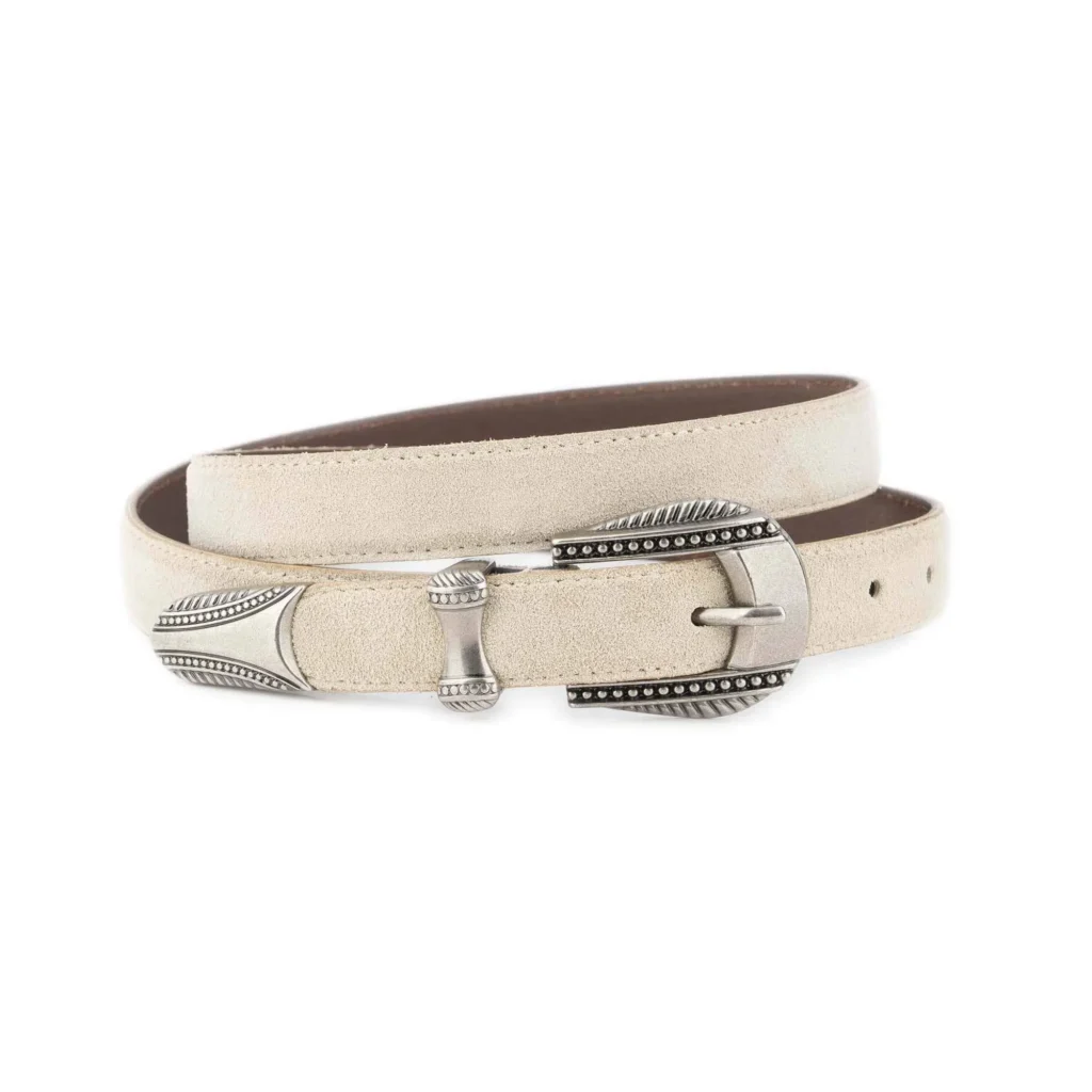 Womens Beige Suede Western Belt – Silver Antique Buckle display picture 2