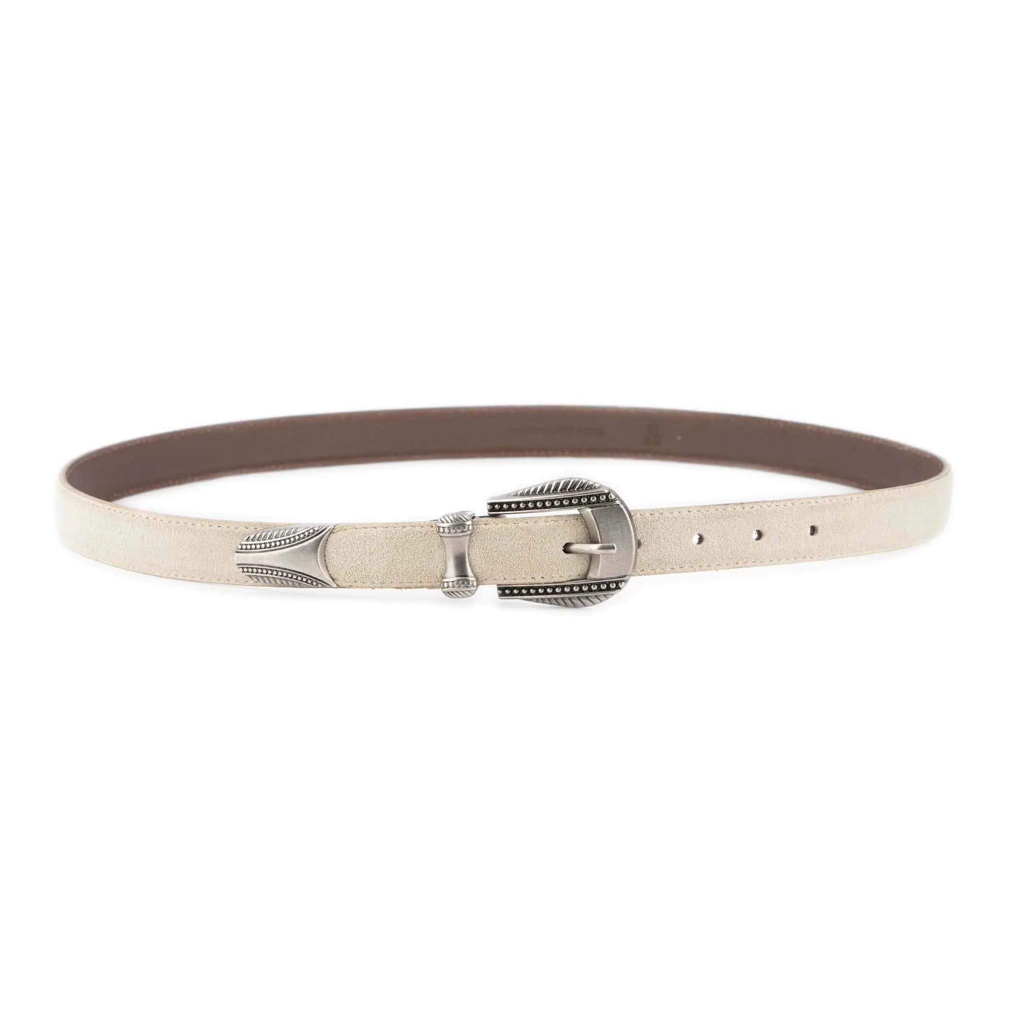 Womens Beige Suede Western Belt – Silver Antique Buckle