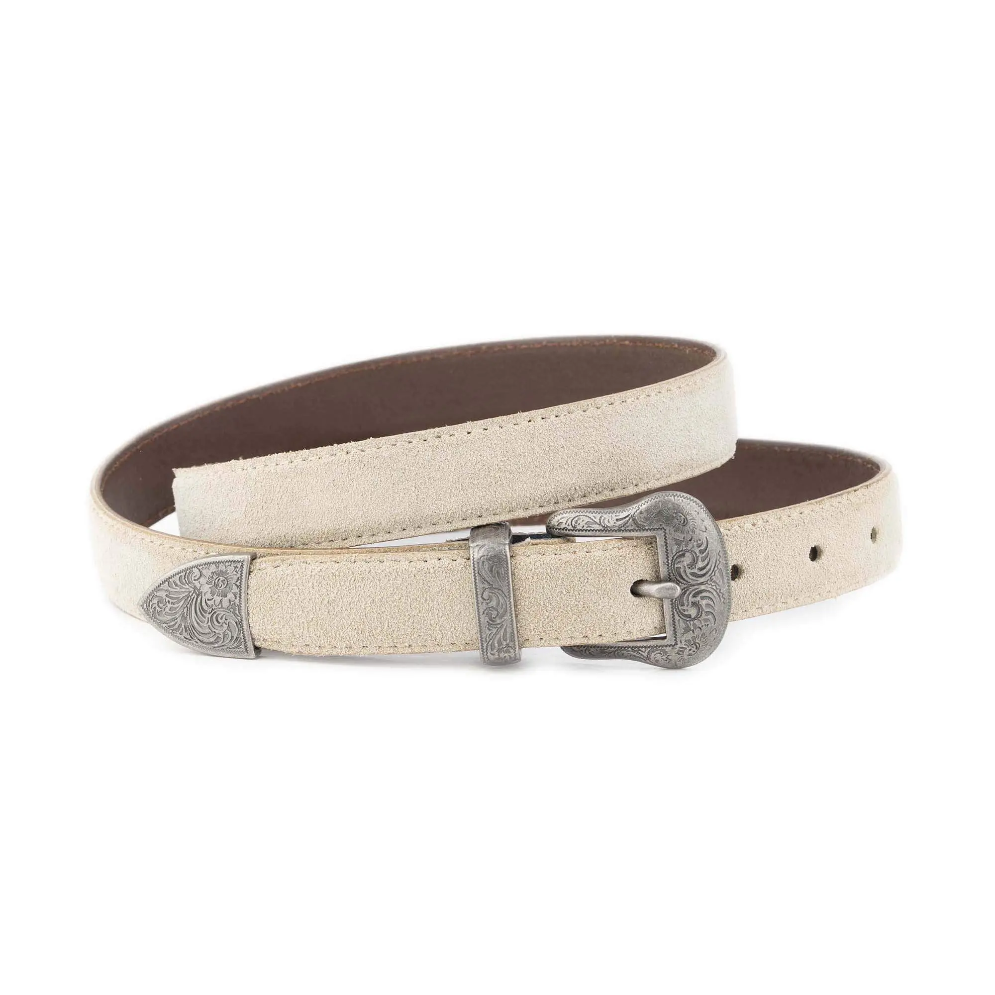 Women’s Beige Suede Western Belt with Silver Hardware 1 WESTSUET 25 BEIGE SILV3ENGR