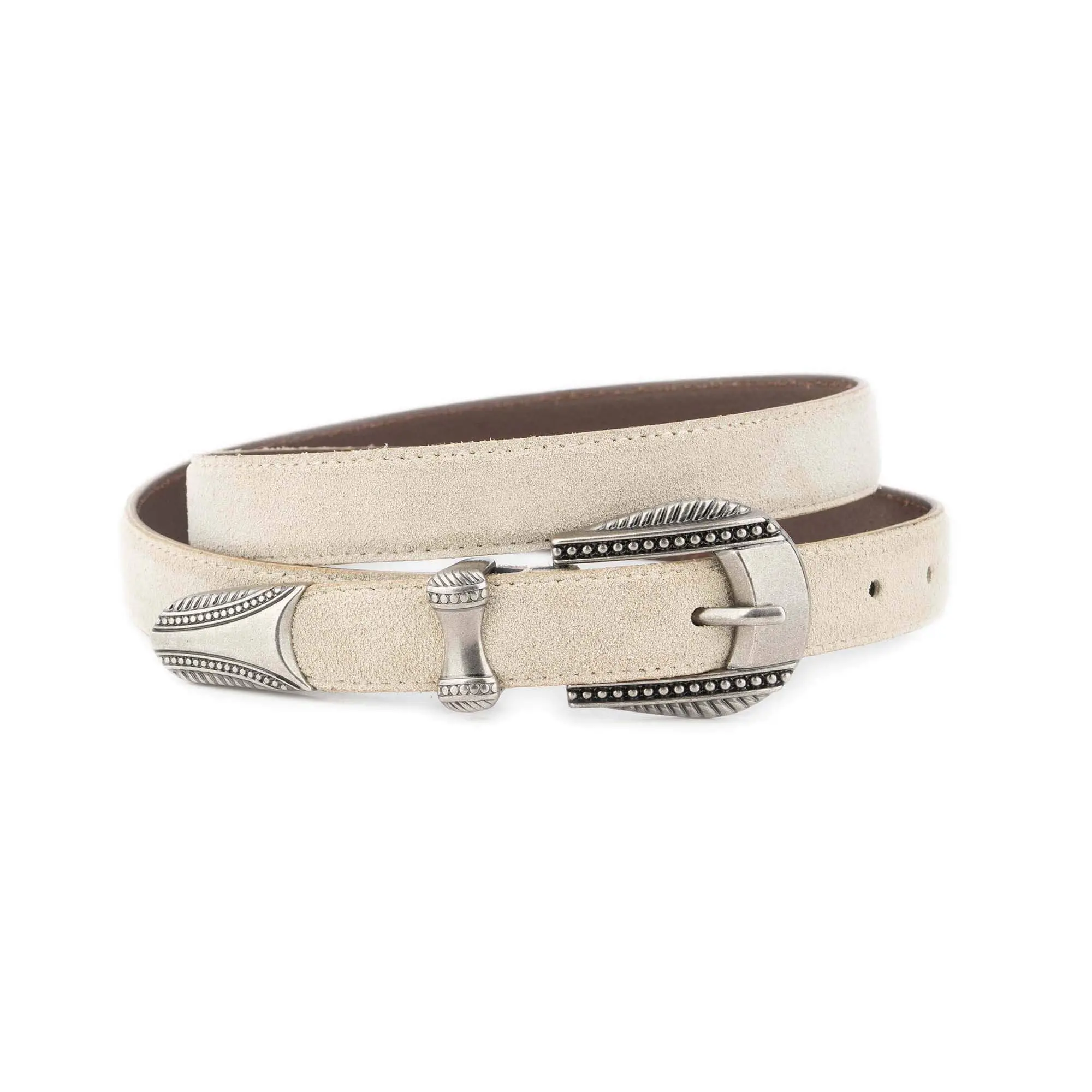Womens Beige Suede Western Belt – Silver Antique Buckle 1 WESTSUET 25 BEIGE DOT3SILV