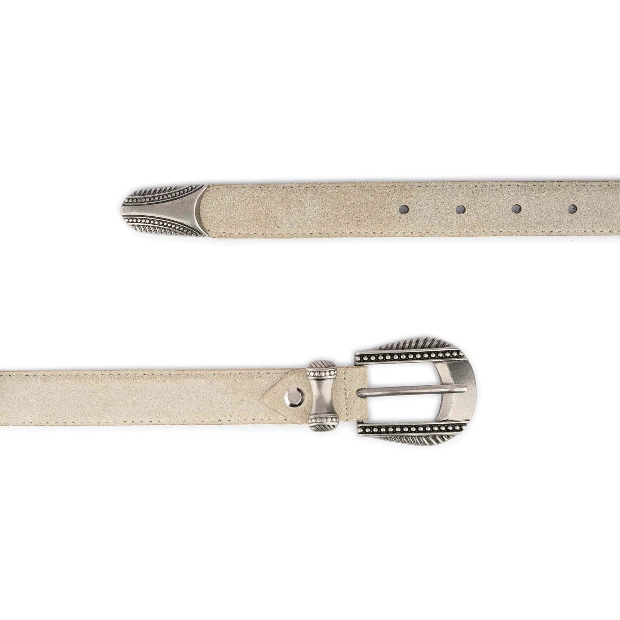 Womens Beige Suede Western Belt – Silver Antique Buckle 3