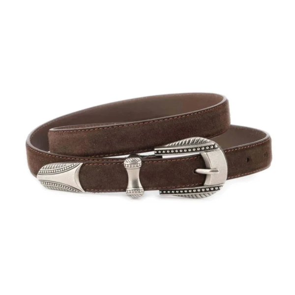 Women's Dark Brown Suede Western Belt with Silver Studded Buckle 1 WESTSUET 25 DBROW DOT3SILV