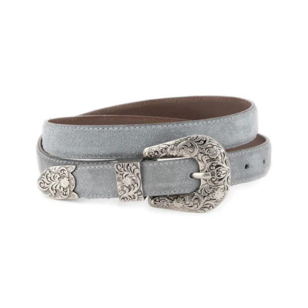 Women's Grey Suede Western Belt with Floral Silver Buckle 1 WESTSUET 25 GRAY FLOR3SILV