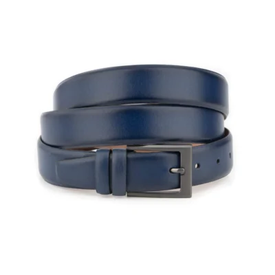 Extra Long Blue Leather Dressing Belt For Men – Gray Square Buckle 1