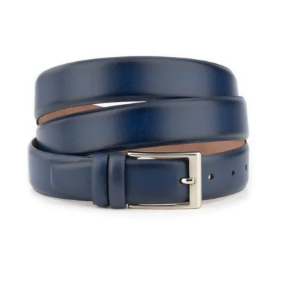 Plus Size Dressing Belt For Men Blue Leather Silver Buckle 1