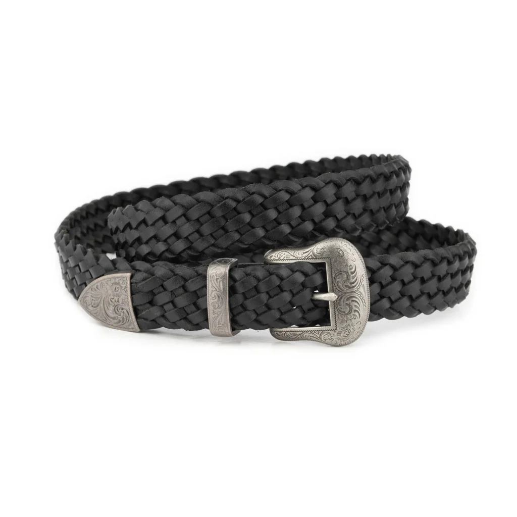 Western Big and Tall Braided Belt Black Leather Silver Engraved Buckle 1 OVS BRAID 30 BLAC 3ANTISILV