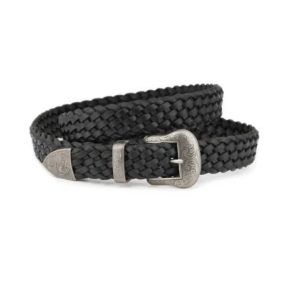 Western Big and Tall Braided Belt Black Leather Silver Engraved Buckle 1 OVS BRAID 30 BLAC 3ANTISILV