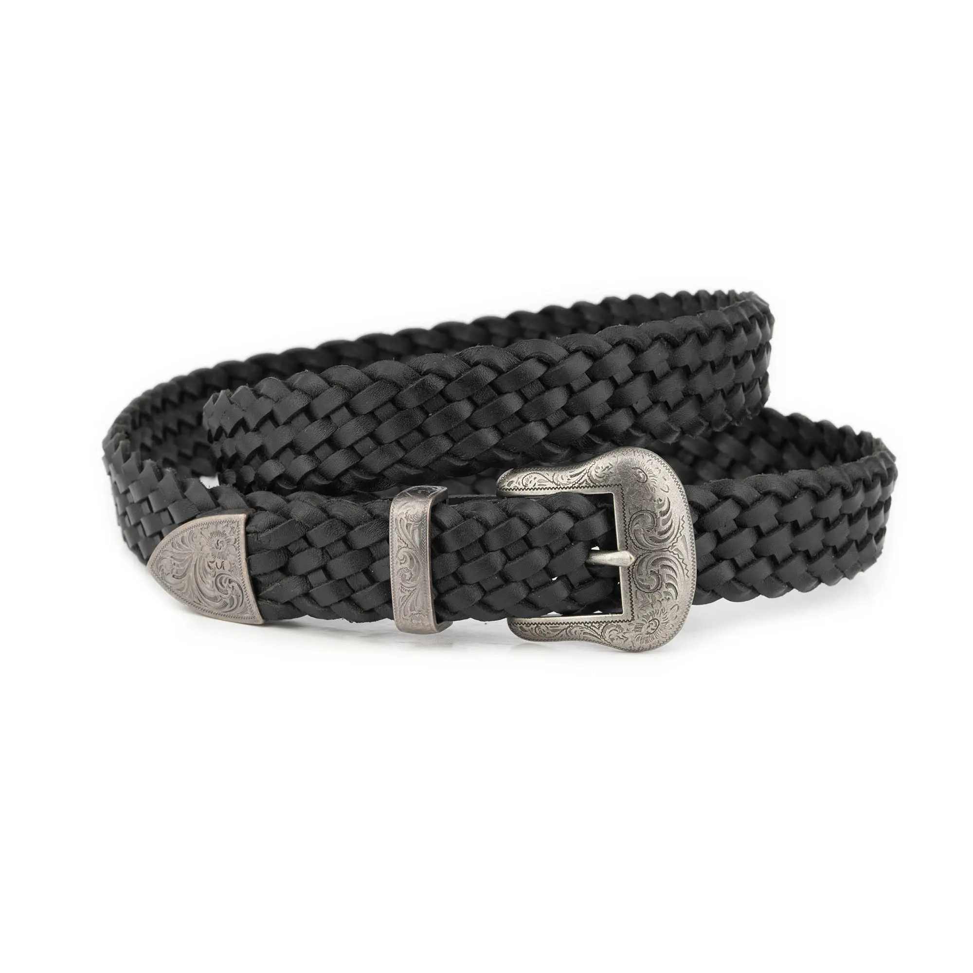Western Big and Tall Braided Belt Black Leather Silver Engraved Buckle 1 OVS BRAID 30 BLAC 3ANTISILV