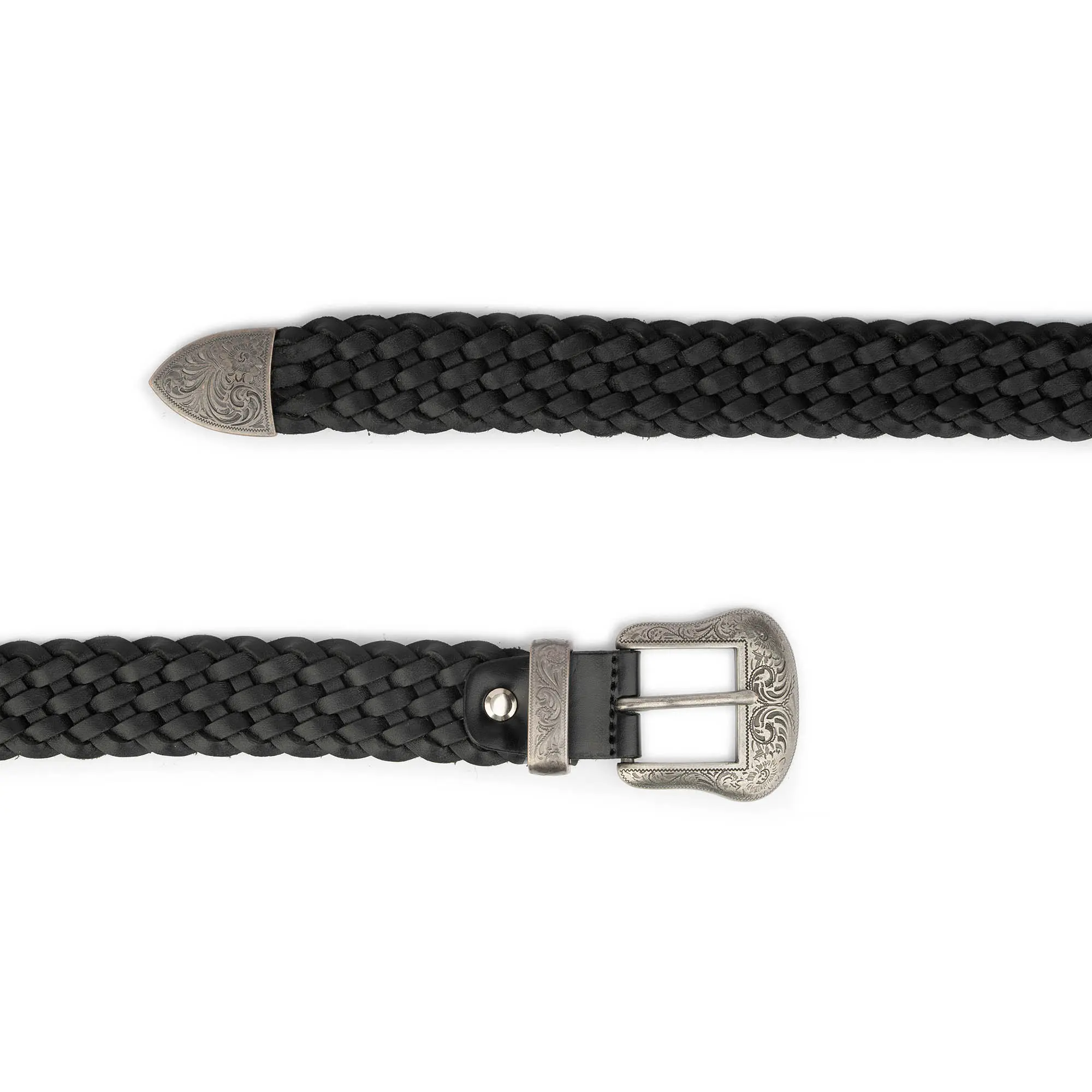 Western Big and Tall Braided Belt Black Leather Silver Engraved Buckle 3