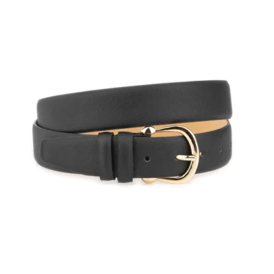 Black Saffiano Belt For Women – Gold Horseshoe Buckle 3 5 cm 1 SAFF 35 BLACK HORSGOLD DRM