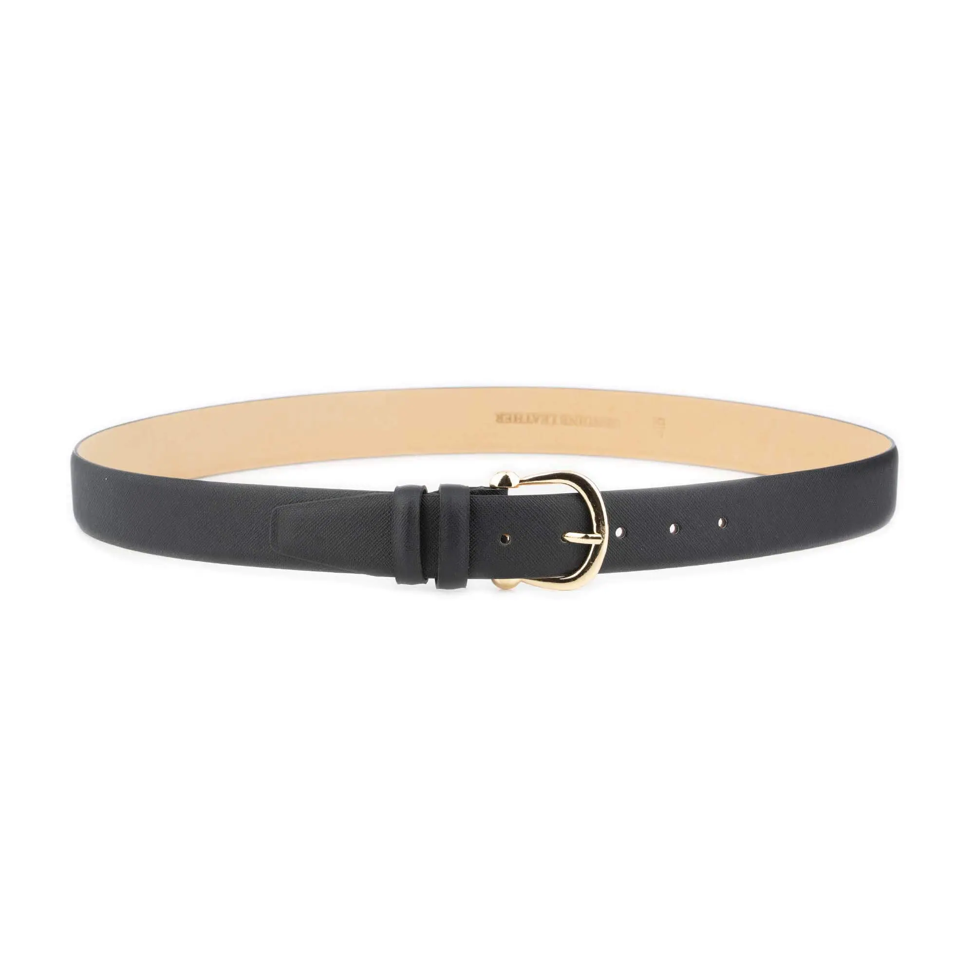 Black Saffiano Belt For Women – Gold Horseshoe Buckle 3 5 cm 2