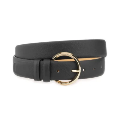 Black Saffiano Belt For Women – Round Gold Buckle 3 5 cm 1 SAFF 35 BLACK ROUGOLD DRM