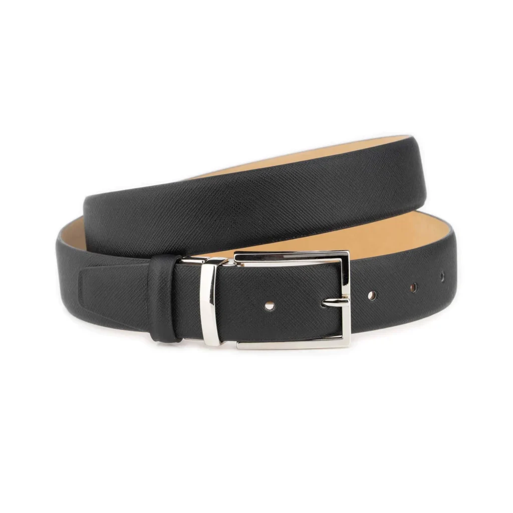 Mens Dressing Belt Shiny Silver Buckle Black Saffiano Leather 1 SAFF 35 BLACK SILVMAGI DRM