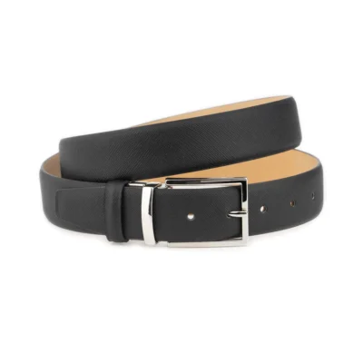 Mens Dressing Belt Shiny Silver Buckle Black Saffiano Leather 1 SAFF 35 BLACK SILVMAGI DRM