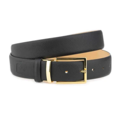 Mens Dressing Belt With Gold Buckle Black Saffiano Leather 1