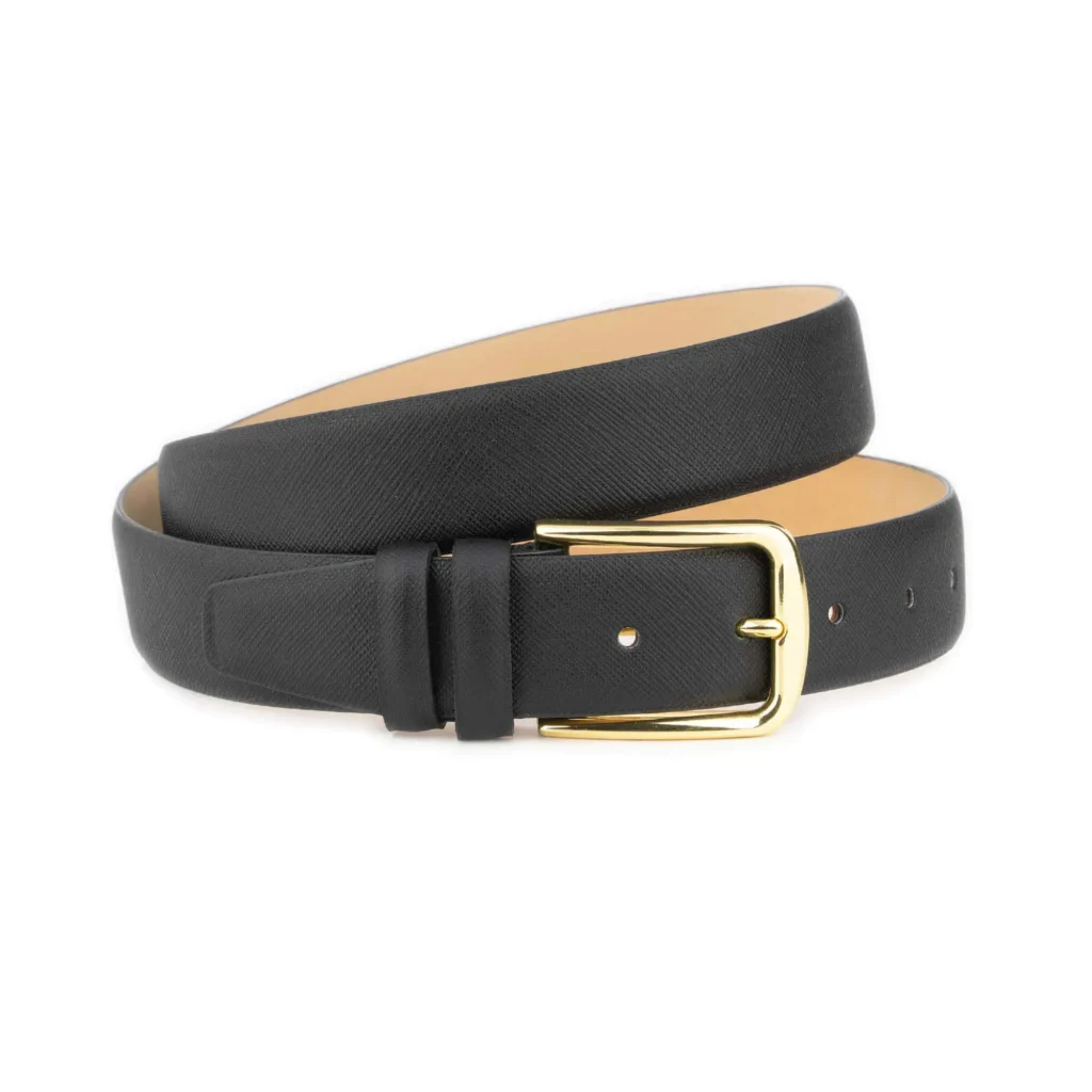 Saffiano Dressing Belt For Men - Black Leather Gold Buckle 3.5 cm