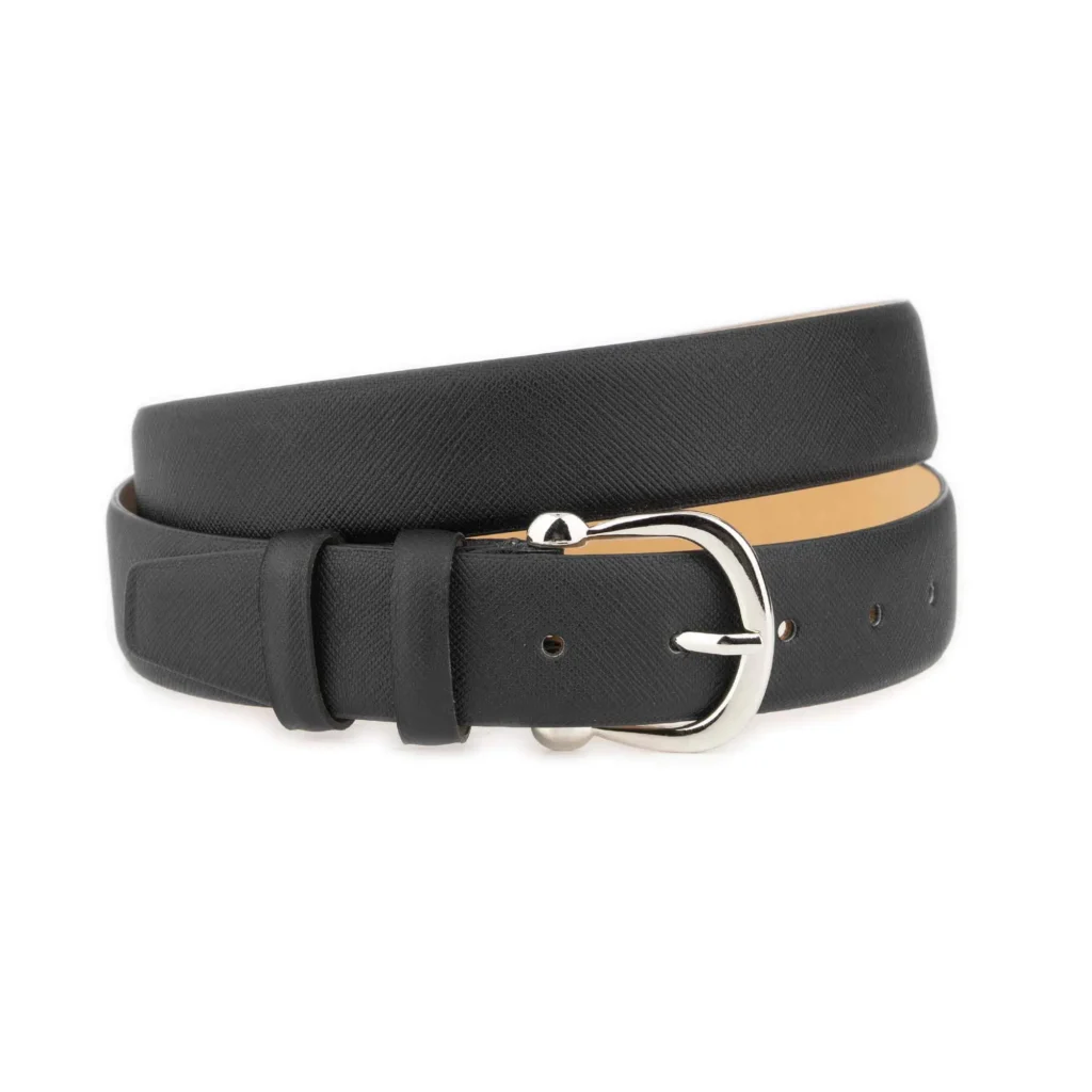 Saffiano Leather Ladies Belt Black With Silver Horseshoe Buckle 1 SAFF 35 BLACK HORSSILV DRM