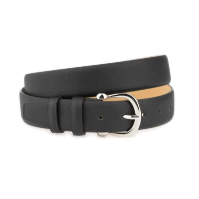 Saffiano Leather Ladies Belt Black With Silver Horseshoe Buckle 1 SAFF 35 BLACK HORSSILV DRM