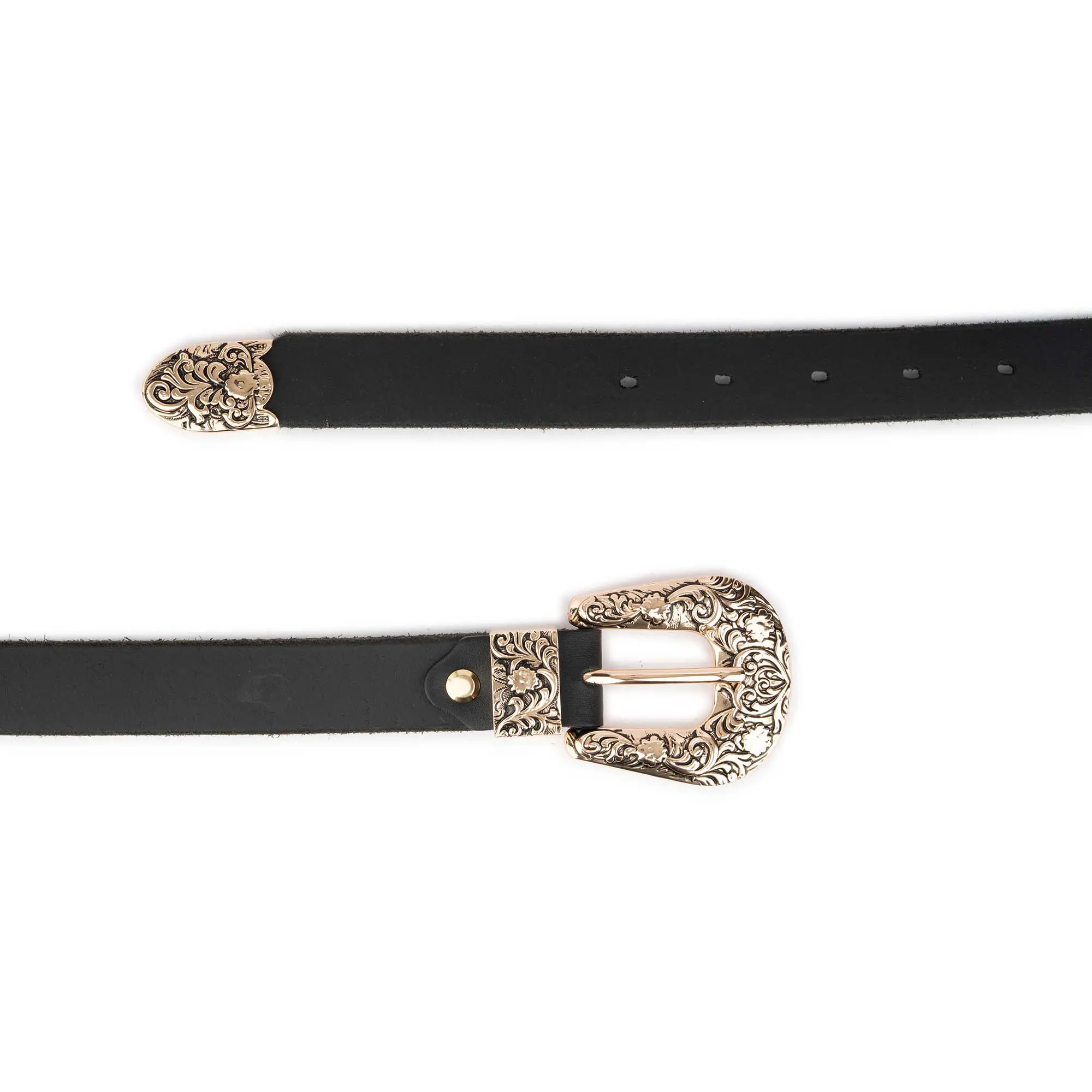 Western Extra Long Leather Belt With Gold Buckle 3