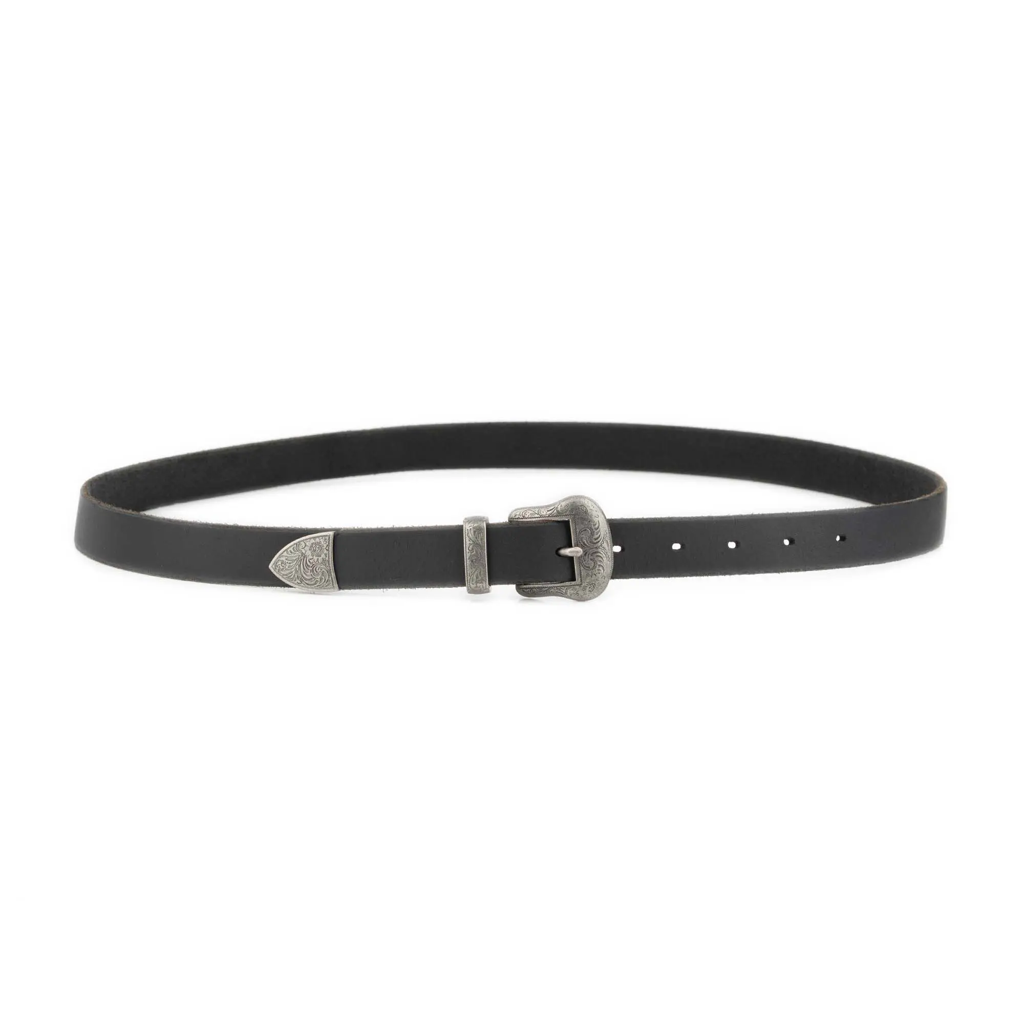 Western Plus Size Belt Black Leather Silver Engraved Buckle 2