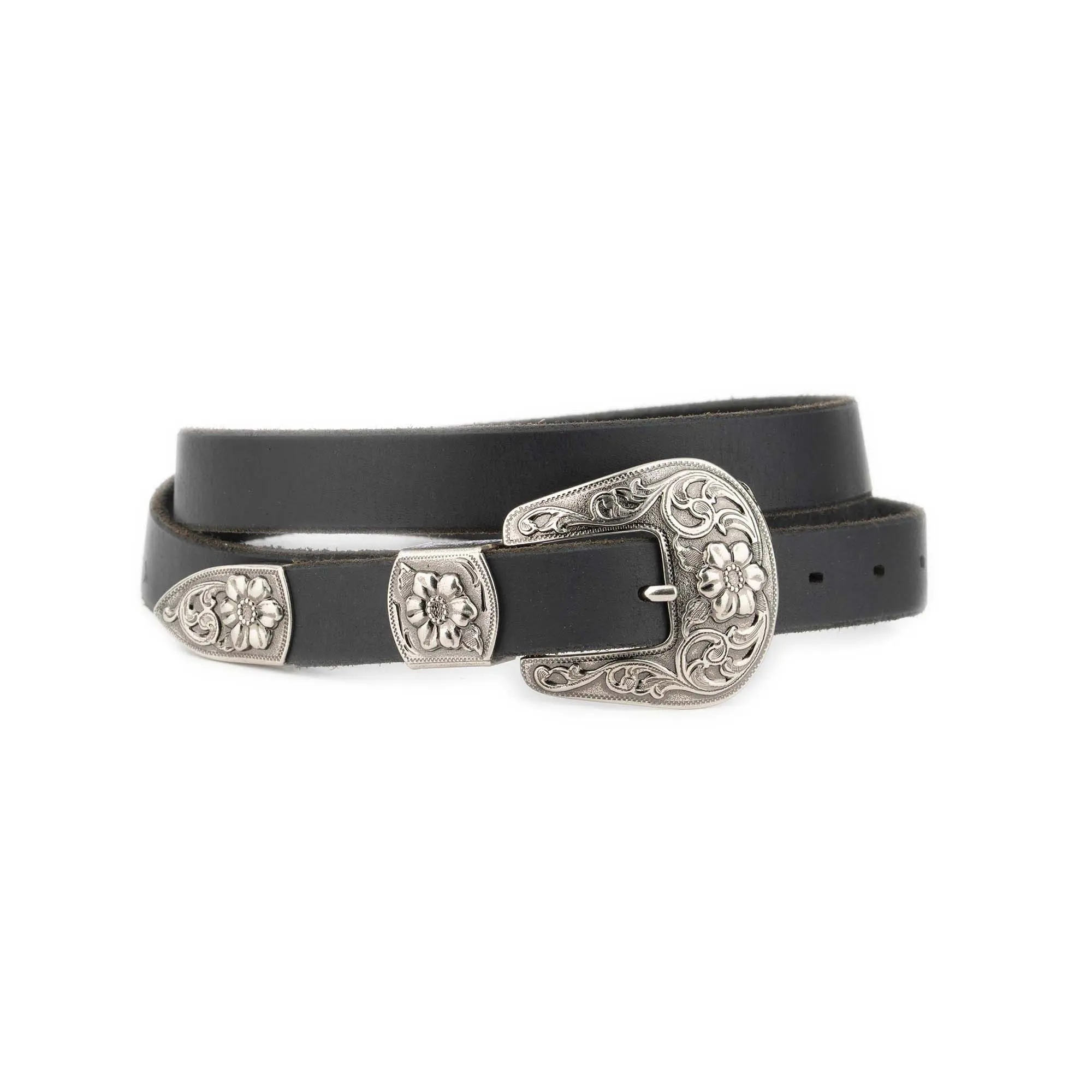 Western Plus Size Belt With Antique Silver Floral Buckle 1 WEST 25 BLAFUG FLORSIL FL25