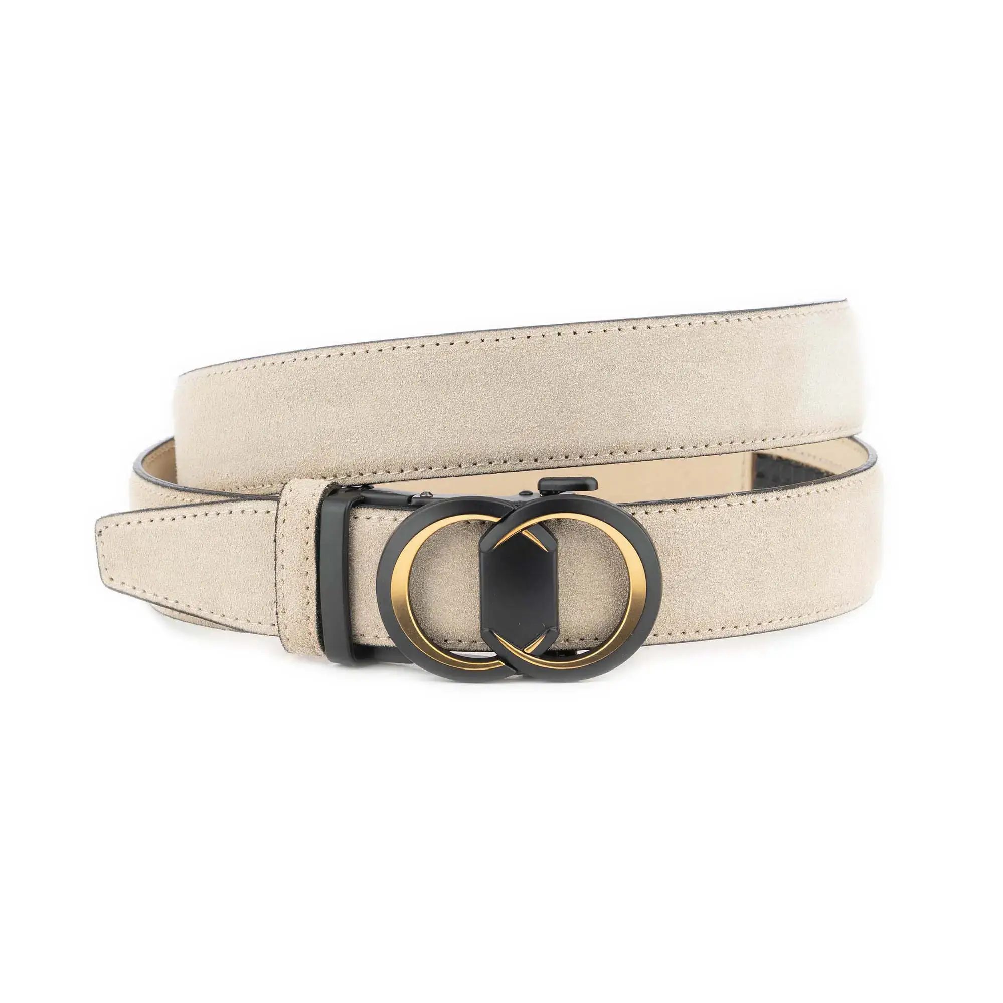 Beige Suede Ladies Ratchet Belt Gold Black Double Circle Buckle 1 BEIRAT 35 2GDBLCIRC DRM